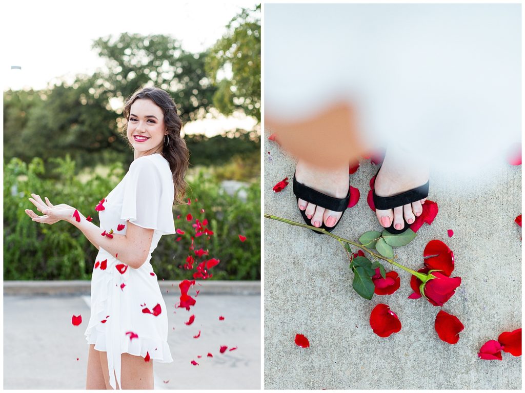 Keller Senior Photos by Jamie Brogdon. Photo of senior with red roses in a white dress.